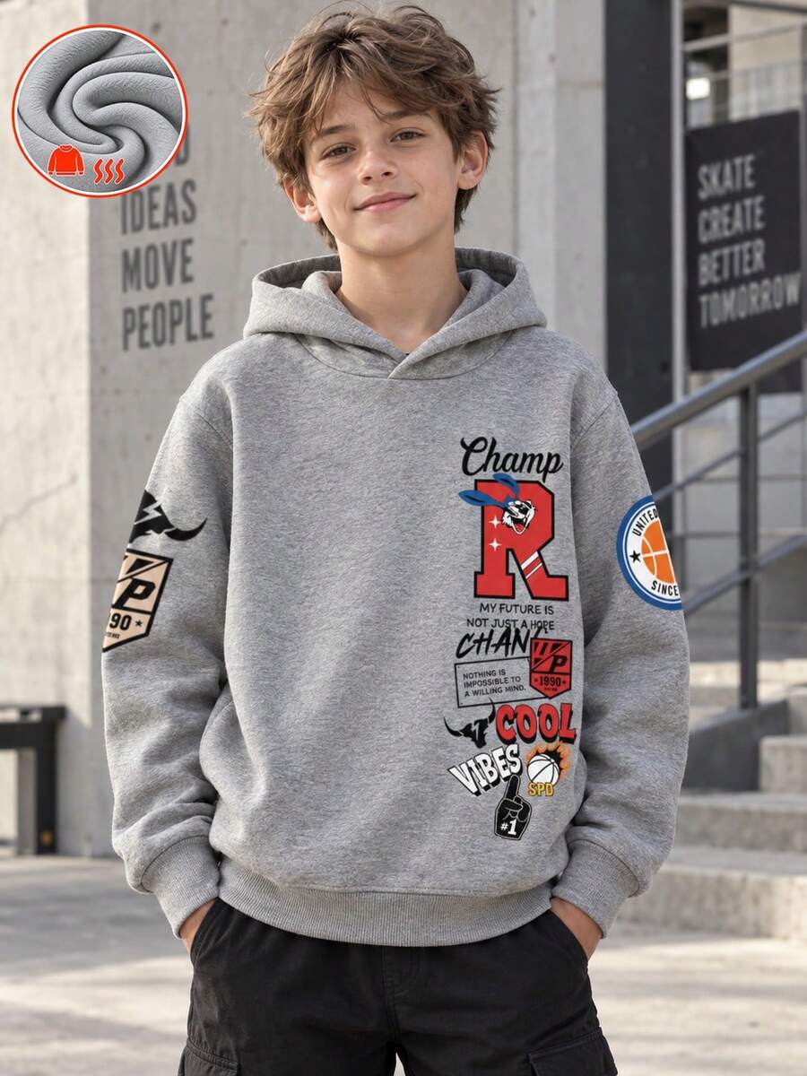 1pc Tween Boy Thermal Lined Thick Warm Sweatshirt, Young Student Clothing, Suitable For Kids Autumn/Winter Long Sleeve Top