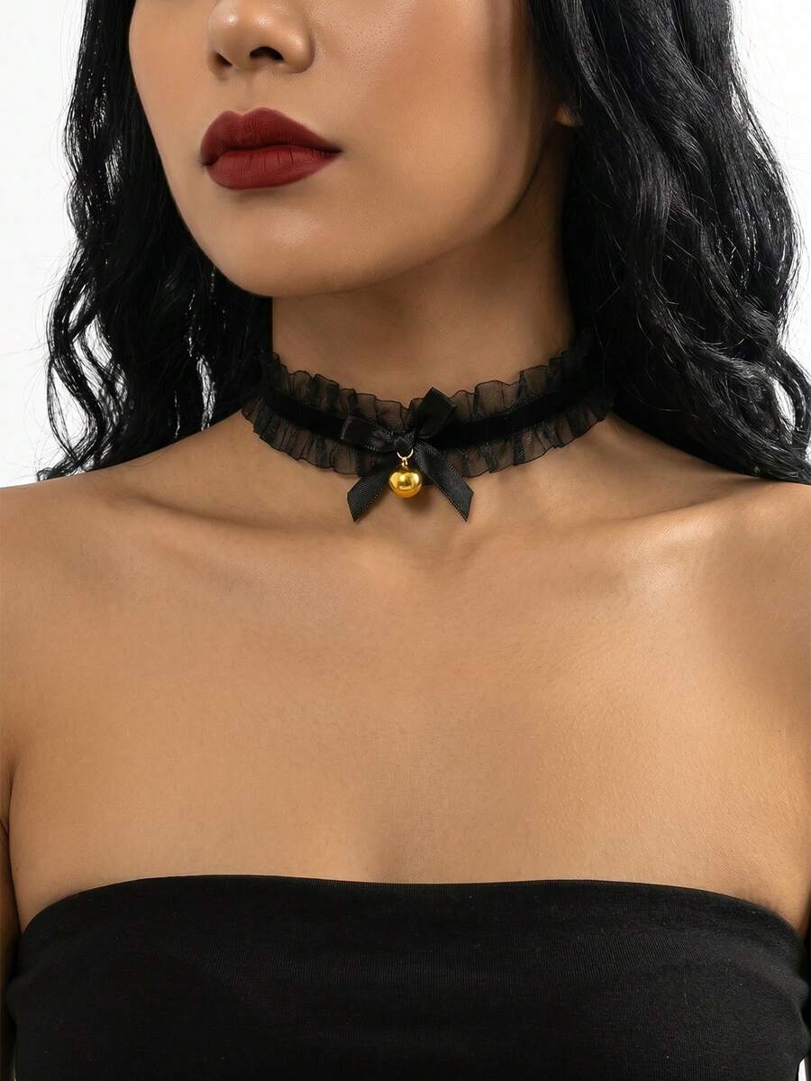 1pc Black Lace Bow Bell Necklace - Black - View 1