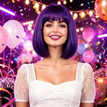 Carnival Easter Halloween Party Costume Wig, Clown Character Outfit, Suitable For Halloween Party, Stage Performance, Theme Cosplay, Also For Daily Wear, Fluffy Style With Strong Atmosphere, Comfortable To Wear, 12-Inch Purple Bob Wig With Bangs - Purple - View 5