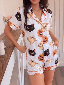 2pcs Women's Pumpkin Soft Cute Ghost Black Cat Vintage Moon Print Short Sleeve Pajama Set, Summer New Lapel Cardigan Top And Shorts Two Pieces Set, Soft Skin-Friendly Breathable Lightweight Home Wear, Can Be Worn Out, Daily Casual Loose Fit, Suitable For All Body Types, Multiple Sizes Available, Sweet Youthful Style, Versatile And Timeless, Must-Have Comfortable Pajama Set For Girls, Balances Fashion And Comfort, Suitable For Various Home Scenes - White - View 11