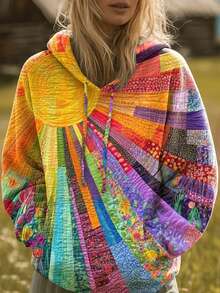 Sweatshirt Pullover Wanita FLEXCHIC, Saku Depan Bermotif, Grafis Pelangi, Gaya Bohemian Kasual, Lengan Panjang, Potongan Reguler - warna - View 4