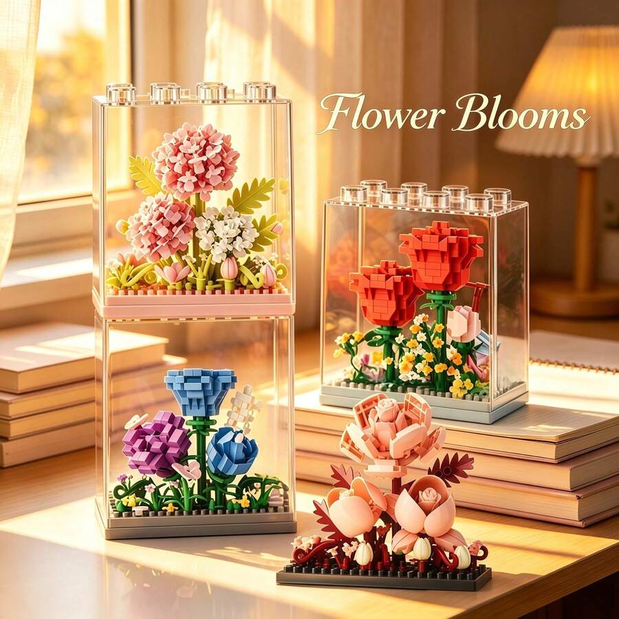 9-Piece Micro-Particle Eternal Building Block Flower With High-Transparency Acrylic Glass Cover, Multiple Flower Styles Stackable As Decor, ABS Resin Material, Creative DIY Handmade Assembly Toy, Educational Stress-Relief Puzzle Decor, Suitable For Desk Decor, Study Room Atmosphere Decor, Christmas, Halloween, Holiday Toy Gift, Decoration, Commemoration, Eid, National Day, Party And Other Festival Gift Recommendation - Multicolor - View 1