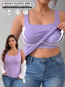 Plus Size Built In Bra Cami Women Ribbed Tank Top Scoop Neck Everyday Base Layer Solid Color Seamless Innerwear - Lilac Purple - View 2