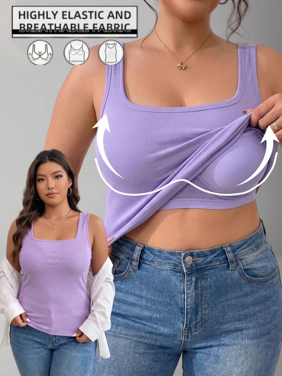 1Pc Plus Size Ribbed Built In Bra Cami Autumn Winter Thermal Layering Tank Top Scoop Neck Solid Color Seamless Underwear Tops - Lilac Purple - View 1