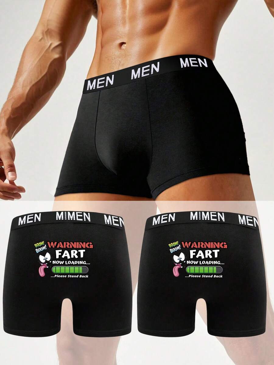 2 piezas Calzoncillos casuales minimalistas para hombres, con estampado de letra sexy y cara sonriente, con cintura elástica - Negro - Ver 1