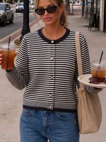 BYGOUBY Women's Striped Knit Cardigan, Round Neck Pearl Button Long Sleeve Casual Knit Sweater Jacket, Autumn/Winter - Black - View 5