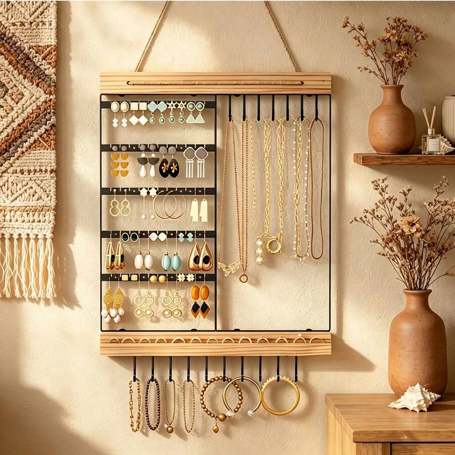 1pc Bohemian Style Luxury Wall-Mounted Jewelry Display Rack, Fixed Wooden & Iron Jewelry Hanger For Earrings, Necklaces, Bracelets, Wall Display Prop - Multicolor - View 1