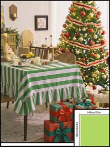 1pc Green And White Classic Wide Striped Tablecloth, Traditional Country Style, Rectangular With Scalloped Edge And Pleated Details, Stain-Resistant Protective Table Cover, Suitable For Christmas, Family Gatherings And Winter Holiday Dining Room Decor - Green - View 11