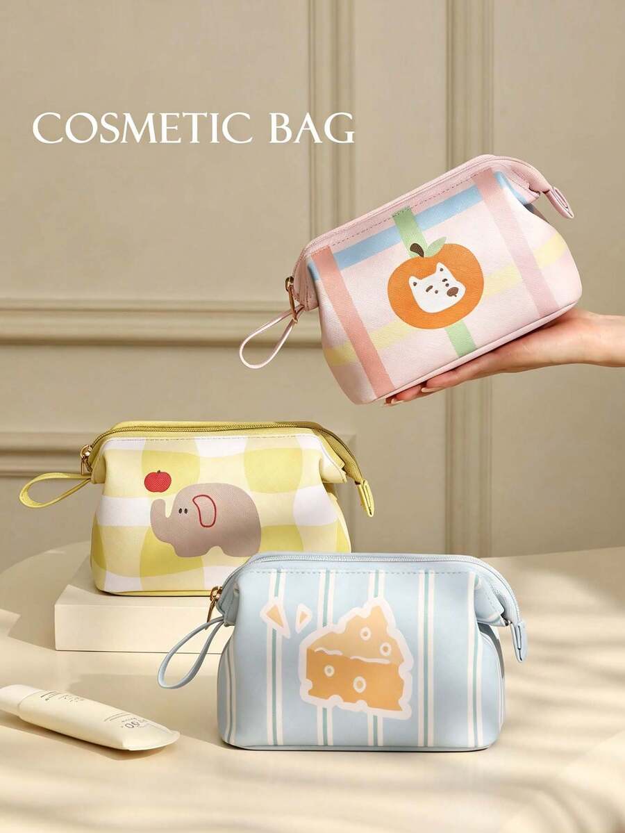 1pcCasual Style PU Fabric Curved Cosmetic Bag, Striped & Plaid Print With Fruit & Animal Graphic, Zipper Pouch With Hand Strap, Storage Pouch For Makeup, Skincare And Small Items, Travel Cosmetic Case, Suitable For Daily Use, Trip, All Season Use - Multicolor - View 1