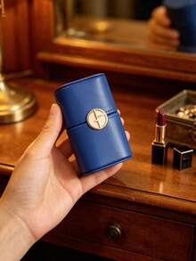 3‑Colors Available Faux‑Leather Flip‑Top Square Cosmetic Storage Box Magnetic Metal Logo Buckle Double‑Layer Organizer For Lipstick Makeup Brush Small Jewelry Desktop Travel Holiday Gift Armani - Navy Blue - View 7