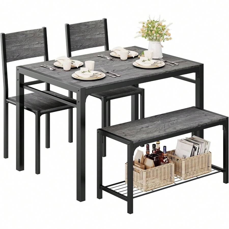 Juego de Comedor de 4 Piezas Lavado Gris 110.2x69.9x74.9 cm| Mesa de Cocina Rectangular con 2 Sillas y Banco Largo con Estante Inferior| Diseño Industrial de Metal Negro para Espacio Pequeño| Fácil de Armar - Gris Oscuro - Ver 1