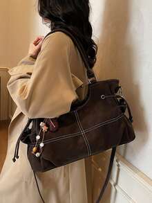 RAYCELL Large Capacity Pu Leather Handbag Tote Bag Fashionable Shoulder Bag With Pendant Suitable For Daily Used Office Commute Shopping School - Coffee - View 3