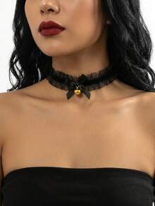 1pc Black Lace Bow Bell Necklace - Black - View 4