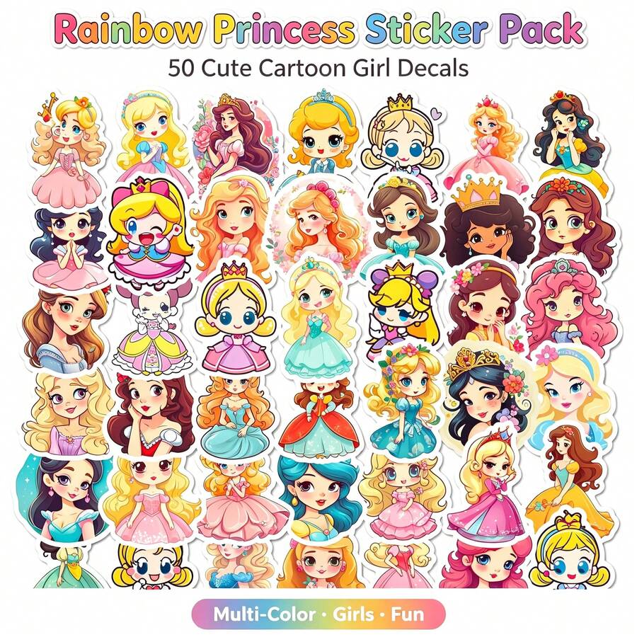 50pcs Exquisite Cartoon Princess Stickers, Cute Girl Princess Dress Theme Decorative Vinyl Stickers, Children's Doodle Toy Stickers, Suitable For Notebooks, Water Bottles, Scrapbooks, School Art And DIY Projects - Multicolor - View 1