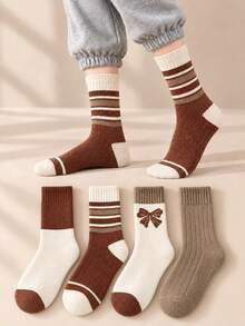 4 Pairs Women's Autumn/Winter Vintage Brown Tone Mid-Calf Socks, Striped Bowknot Colorblock Design, Casual Versatile Ribbed Socks - Multicolor - View 1