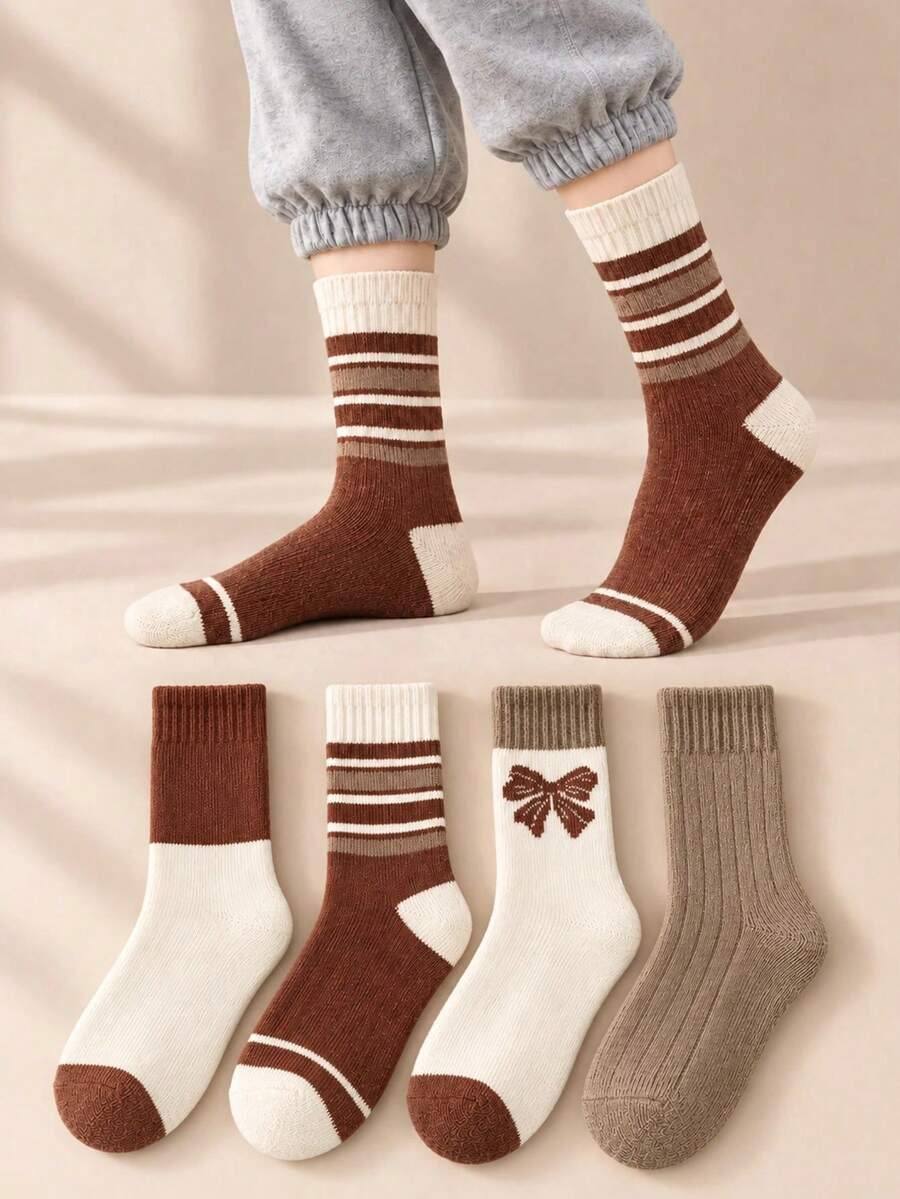 4 Pairs Women's Autumn/Winter Vintage Brown Tone Mid-Calf Socks, Striped Bowknot Colorblock Design, Casual Versatile Ribbed Socks - Multicolor - View 1
