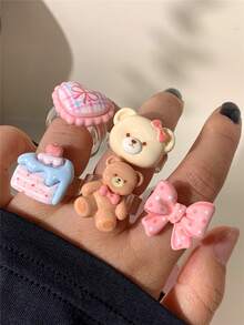 1/5pcs Heart Bear Bow Resin Rings, Pink & Chocolate Color Block Design, Suitable For Women, Holiday Gift, Daily Wear, Valentine's Day Friend Gift - Multicolor - View 2