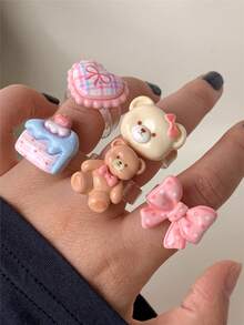 1/5pcs Heart Bear Bow Resin Rings, Pink & Chocolate Color Block Design, Suitable For Women, Holiday Gift, Daily Wear, Valentine's Day Friend Gift - Multicolor - View 3