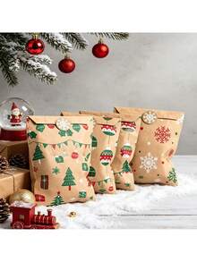 24Pcs Christmas Kraft Paper Gift Bags With Snowflake Stickers, 4 Designs Xmas Tree Snowflake Santa Holly Pattern Treat Bags, Holiday Goodie Candy Bags For Christmas Party Favor Gift Wrapping Supplies - Multicolor - View 6