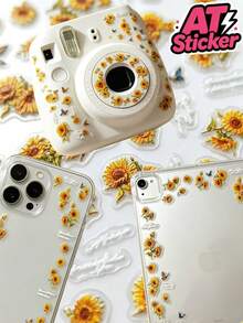 1pc Fresh Sunflower Decorative Sticker, Transparent Waterproof Sticker, Sunflower Flower And Butterfly Combination Pattern, Bright Colors With Rich Layers, Thin And Adherent With No Curling Edges, Suitable For Digital Device Shells, Portable Containers, Makeup Boxes, Electronic Accessories Exterior Decoration And Beautification - Decorative Stickers - View 1