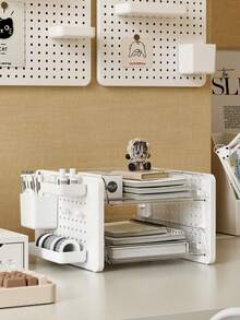3-Tier Desktop Pegboard Storage Box Stationery & Cosmetics Organizer Desk Office Workstation File Organizer - A - View 5