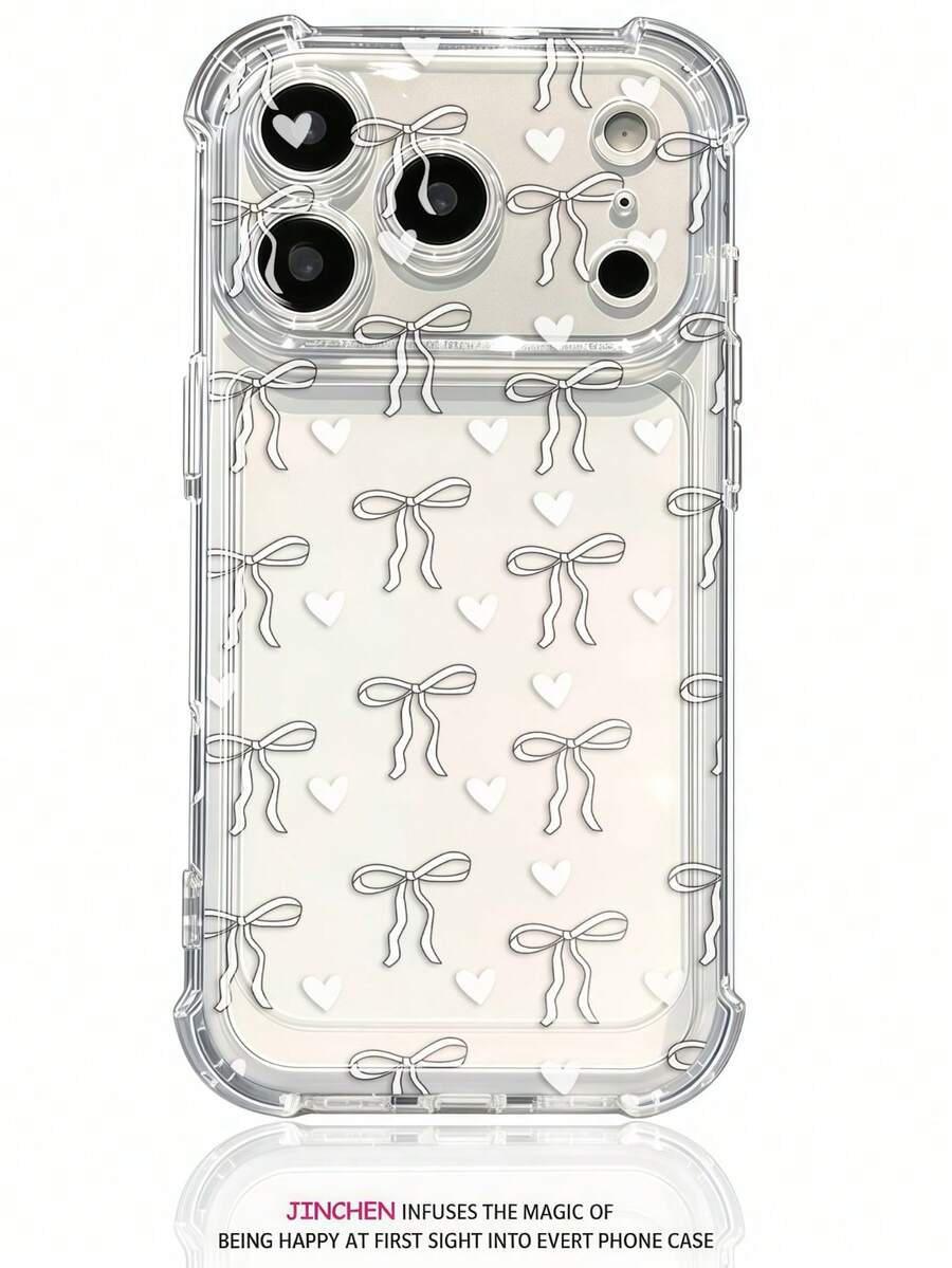 1pc Fashion White Bow Mini Heart Color-Block Anti-Drop Cute Phone Case, Minimalist Transparent Cover Perfect For Daily Use, Compatible With IPhone 16/16 Pro/16 Plus/15/15 Plus/15 Pro/15 Pro Max/17/17 Pro/17 Pro Max/12/13 Mini/Apple 13/13 Pro Max/11/11 Pro Max/12 Pro Max Transparent Soft Shell, Exquisite 18 Pro Max/18 Pro Phone Case Gift For Friends, Classmates, Lovers Or Yourself - Clear - View 1