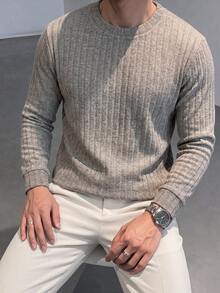 Men's Vertical Ribbed Textured Crew Neck Long Sleeve Knit Sweater, Casual Fashion Pullover Top - Khaki - View 4