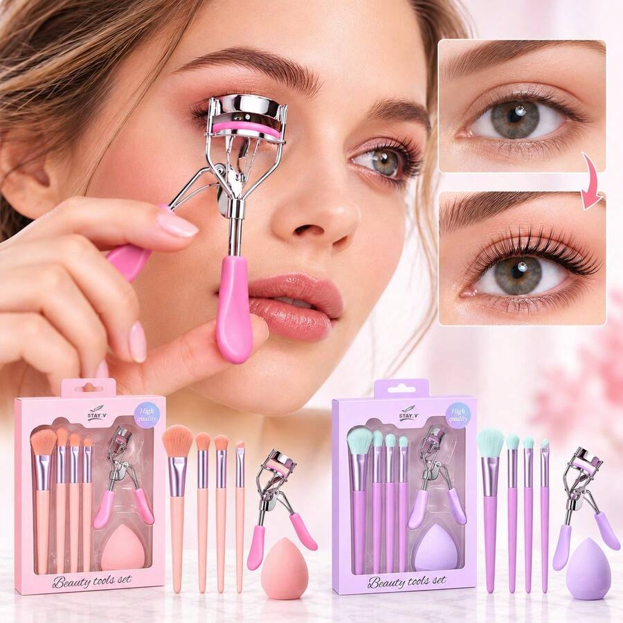 6pcs Makeup Tool Set, Includes 4 Makeup Brushes, Eyelash Curler, Compact Beauty Essentials Kit, Suitable For Face, Eyes And Daily Makeup, Pink/Lavender Purple - Multicolor - View 1