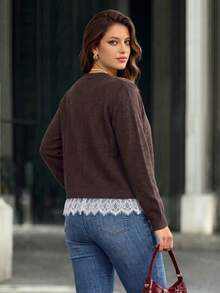 Plus Size Women's Round Neck Autumn Cardigan Winter Cardigan Lace Trim Pearl Button Fashion Knit Cardigan Jacket - Coffee - View 2