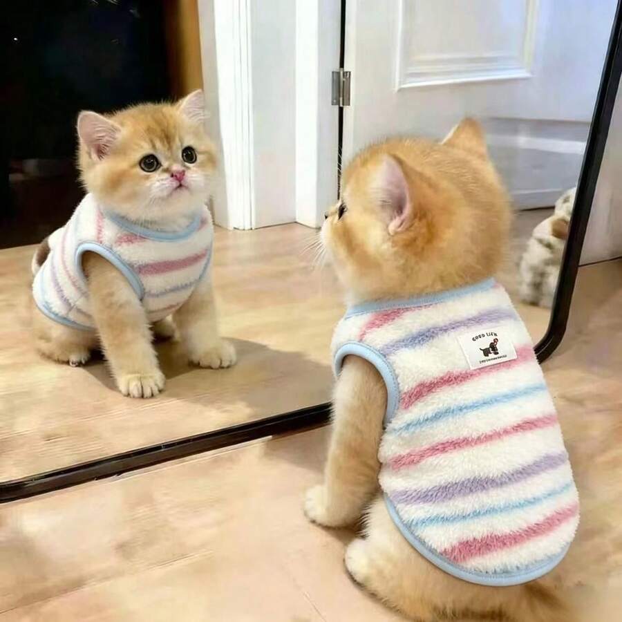 Cute Striped Plush Pet Vest, Thickened Fleece Winter Warm Clothing, Anti-Shedding Sleeveless Outfit, Suitable For Small And Medium Dogs And Cats