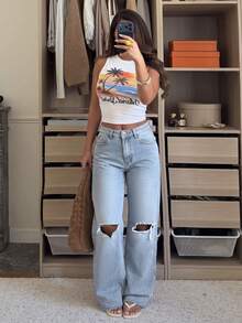 Celana Panjang Jeans Denim Longgar Kasual Wanita dengan Efek Sobek - Light Wash - View 2