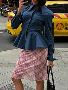 Women's Elegant Commuter Collared Long Sleeve Cinched Waist Ruffle Hem A-Line Blouse (With Shoulder Pads) Solid Color Front Button Closure For Daily Wear And Dating - Blue - View 6