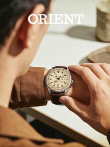 Men's ORIENT Automatic Mechanical Watch Dark Brown Grained Leather Strap Cream Beige Multi-Subdial Dial Vintage Watch For Daily Commute Outdoor Trip - Brown - View 1