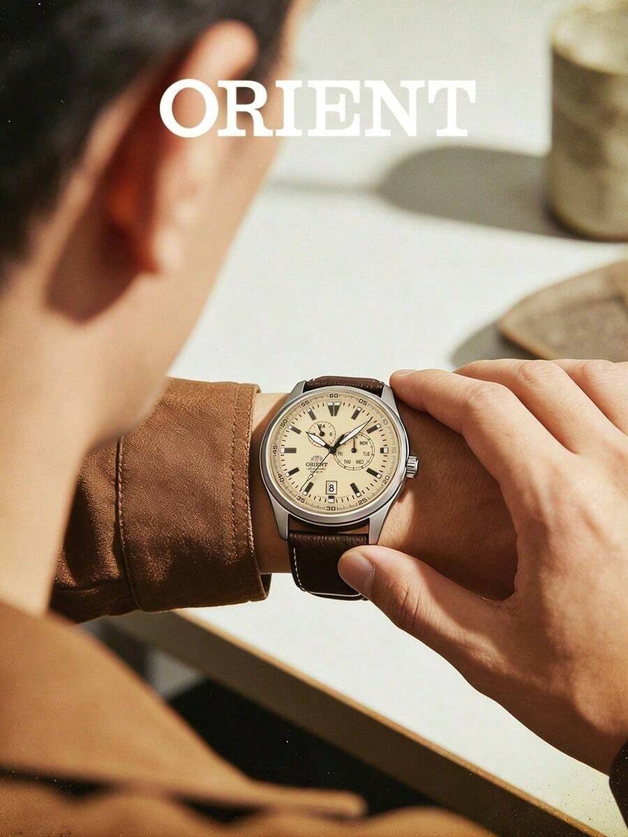 Men's ORIENT Automatic Mechanical Watch Dark Brown Grained Leather Strap Cream Beige Multi-Subdial Dial Vintage Watch For Daily Commute Outdoor Trip - Brown - View 1