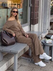 Women's Autumn/Winter Casual Commute Style Brown Striped Loose 2 Pieces Set, Outdoor, Sports, Back To School - Brown - View 4