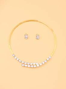 3pcs/Set Earrings & Necklace Jewelry Set, Double-Row Rectangular Cut Rhinestone Necklace + Minimalist Square Stud Earrings, Wedding Banquet Party Accessories - Rhinestone - View 6