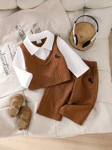 2pcs/Set Baby Girl Casual Minimalist Style Brown & White Contrast Lapel Half-Button Long Sleeve Top And Brown Long Pants Outfit, Spring/Autumn - Brown - View 1