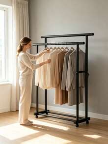 Double Rod Rolling Clothes Rack, Thickened Metal Frame, Double Hanging Rods, Movable With Bottom Universal Wheels, Simple Garment Storage Hanger For Home Bedroom Balcony - Multicolor - View 3