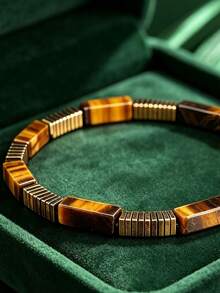 Men's Tiger Eye And Hematite Bracelet – Warm Desert Style – Handmade - Yellow Gold - View 4