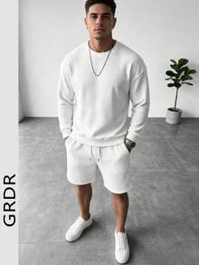 GRDR Men's Waffle Knit Long Sleeve Sweatshirt And Casual Shorts 2 Pieces Set, Loose Fit Crew Neck, Spring/Autumn Sports Outfit - White - View 3