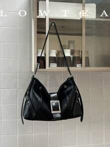 low tea 1 buah Tas Bahu Minimalis Fashion dengan Gesper, Bahan PU, Cocok untuk Bepergian, Berbelanja, dan Lainnya - Hitam - View 9