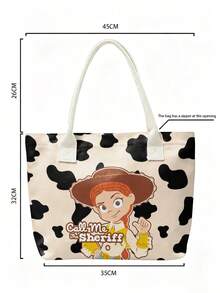 Miniso Disney Toy Story Jessie Call Me The Sheriff 帆布托特包，牛紋印花單肩手提包，適合日常使用 - 白色 - 查看 6