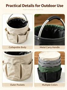 Collapsible Outdoor Water Bucket With Multiple Side Pockets, Portable Hand-Carried Water Container, Metal Handle, Foldable Bucket For Fishing, Camping, Gardening, Yard Work And Outdoor Activities - Portable Version - View 7