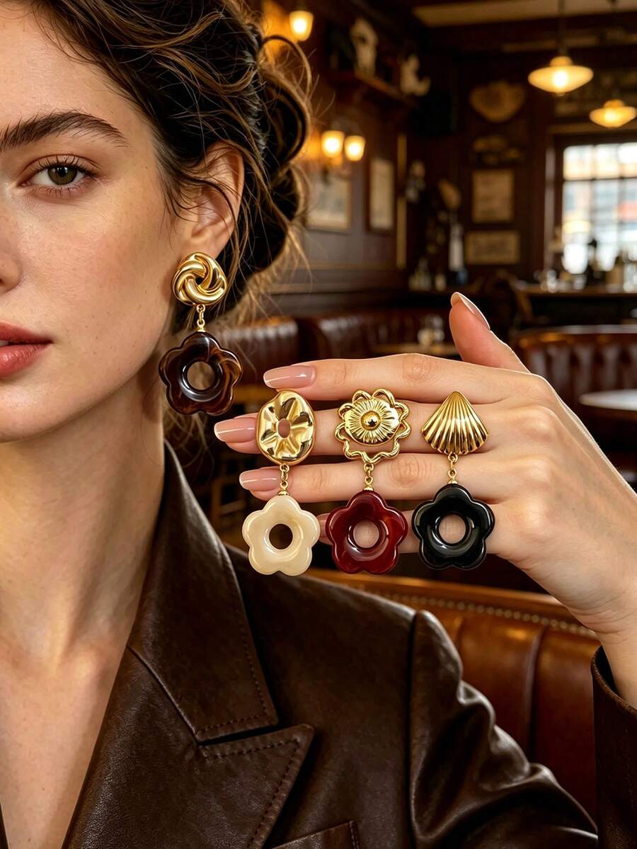 2pcs European & American Old Money Style Resin Flower Gold Pendant Earrings For Women & Girls, Daily Casual Party Jewelry Gift