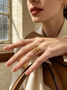 1pc Elegant 304 Stainless Steel Gold Double Spike Cross Asymmetrical Open Ring Suitable For Women Daily Wear Christmas - Gold - View 1