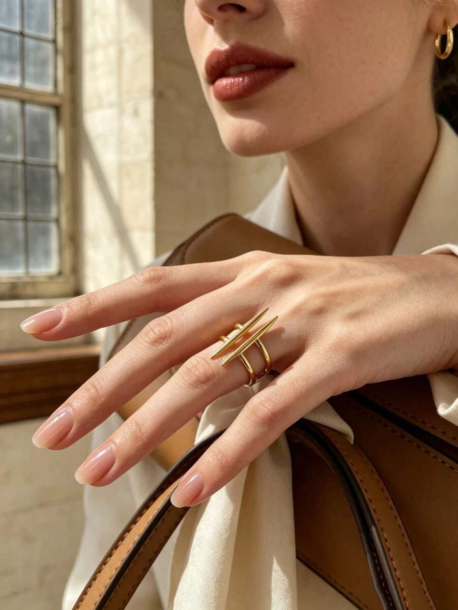 1pc Elegant 304 Stainless Steel Gold Double Spike Cross Asymmetrical Open Ring Suitable For Women Daily Wear Christmas - Gold - View 1