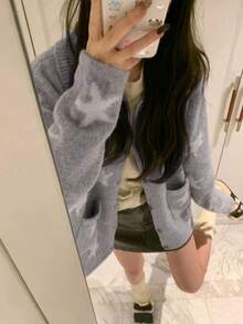 Women's Loose Star Pattern Cardigan Knit Sweater, Autumn/Winter - Grey - View 4