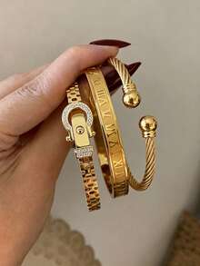 Camhanno Women's 3-Piece Gold Bracelet Set, Roman Numeral Belt Buckle, Zirconia Twisted Rope Stackable Bracelets, Fashion Daily Wrist Jewelry Accessories - Multicolor - View 1