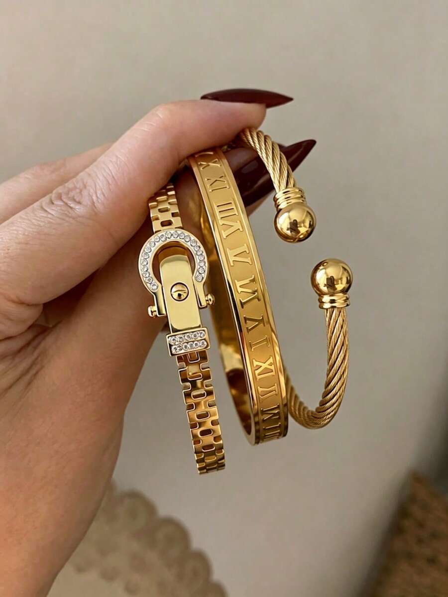 Camhanno Women's 3-Piece Gold Bracelet Set, Roman Numeral Belt Buckle, Zirconia Twisted Rope Stackable Bracelets, Fashion Daily Wrist Jewelry Accessories - Multicolor - View 1