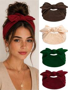 1/4pcs Women Boho Solid Color Wide Knotted Headbands, Elastic Bow Rabbit Ear Hairband For Yoga, Workout & Daily Fall Hair Accessories,Christmas - Multicolor - View 9